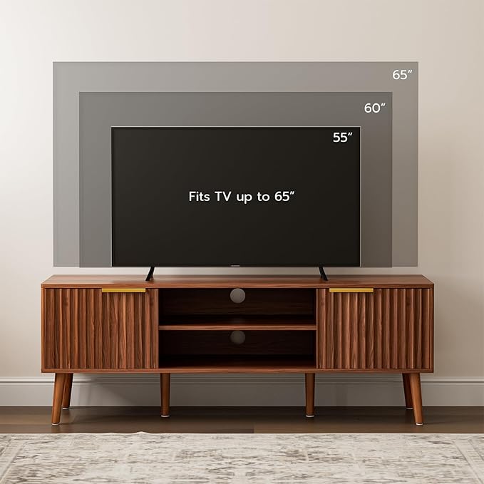 TV Stand for Living Room, Mid Century Modern Entertainment Center for 55/60/65 inch TVs, TV Console with Fluted Door Cabinets and Open Shelves, for Bedroom, Walnut-Ruum Studio Home