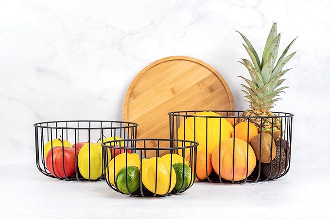 Fruit Basket for Kitchen Counter Set of 3 - Large Stackable Baskets with Bamboo Lid - Perfect Holder For Fruit and Vegetable Storage - Keep Your Countertop Classy, Tidy and Slightly Fruity!-Ruum Studio Home