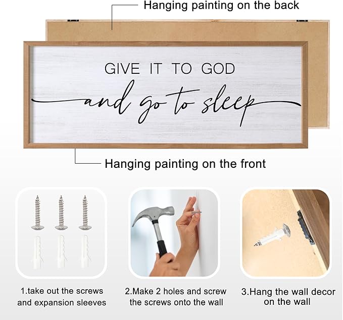 Give It to God and Go to Sleep Decorative Rustic Sign & Plaque Framed Wall Art for Couples, 40''×15'' Vintage Cottagecore Wooden Horizontal Wall Decor Above Bed, Farmhouse Wedding Gift for Bedroom-Ruum Studio Home