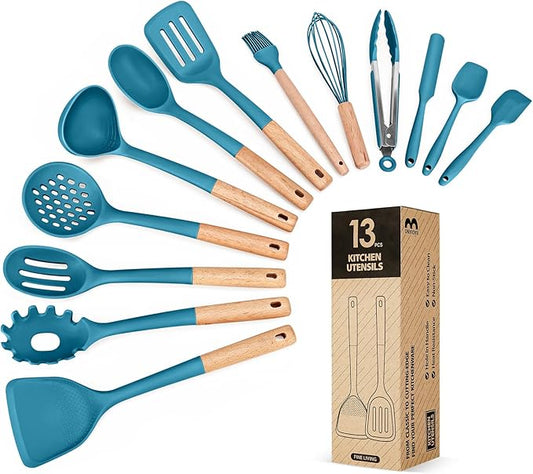 Kitchen Utensils Set, 13PCS Silicone Cooking Utensils, Heat Resistant Kitchen Utensil Spatula Set for Nonstick Cookware, Wooden Handles Kitchen Gadgets Tools Set (BLUE)-Ruum Studio Home