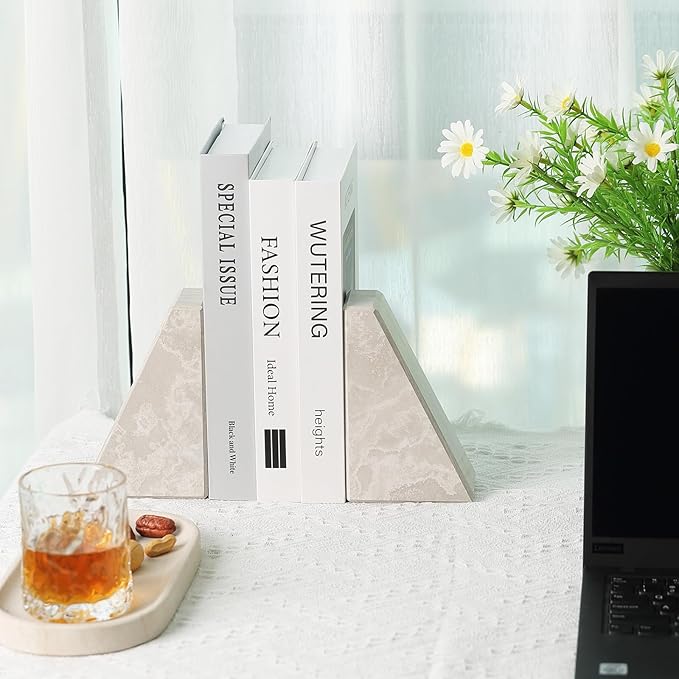Marble Bookends for Heavy Books, Decorative Book Ends for Shelves, Durable and Heavy-Duty Bookends for Hardback Book & CDS, Off-White Unique Books Stopper & Holder, Set of 2-Ruum Studio Home