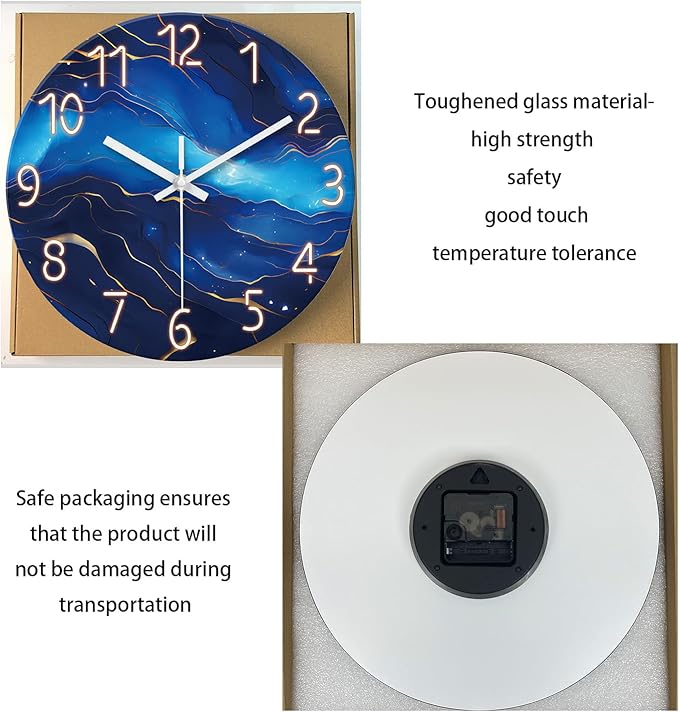 Small Wall Clocks Battery Operated 12 Inch Blue Marble Wall Clock for Kitchen Glass Analog Silent Wall Clock Non Ticking-Ruum Studio Home