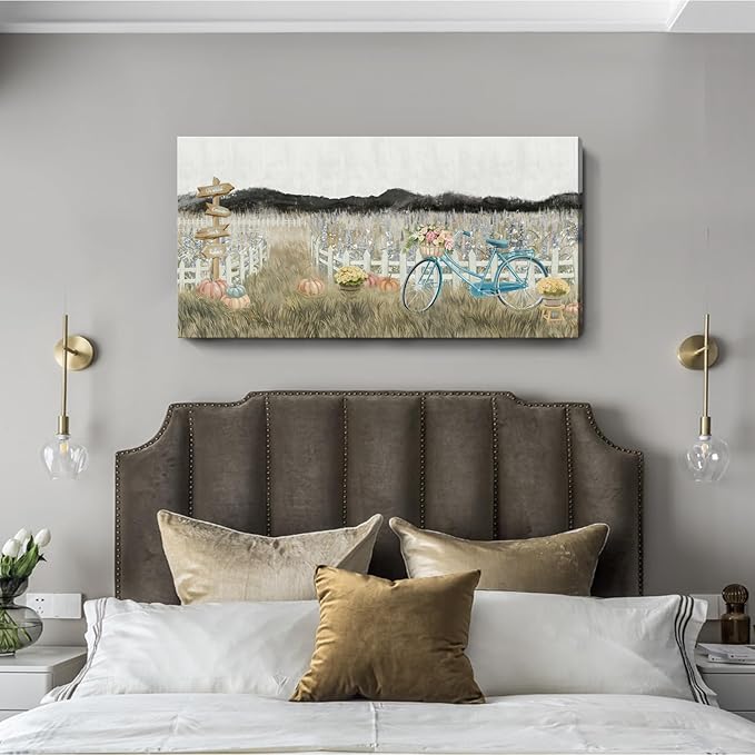 Large Wall Art for Living Room Farmhouse Wall Decor, Modern Boho Vintage Organnic Country Rustic Cottagecore Neutral Landscape Artwork with Mountains Bicycle Flower, Floral Picture Bedroom Kitchen-Ruum Studio Home
