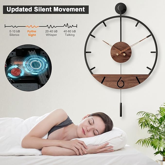 30.7×20 Inch Large Modern Decorative Pendulum Wall Clock,Big Metal Farmhouse Oversized Silent Wall Clocks Minimalist Elegant Walnut Dial Pointers for Living Room,Office,Dining Room Decor-Ruum Studio Home