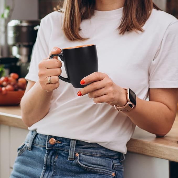 16 OZ Stoneware Coffee Mug Set of 6, Black Ceramic Mug with Different Color Inside, Colorful Porcelain Mug with Handle for Latte Espresso Cappuccino-Ruum Studio Home