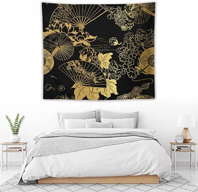 HZOHNAGO Japanese Tapestry Gold Flowers Umbrella Fan Pattern Printed Wall Tapestry Painting Wall Hanging for Bedroom Living Room Dorm 60" W x 50" H-Ruum Studio Home