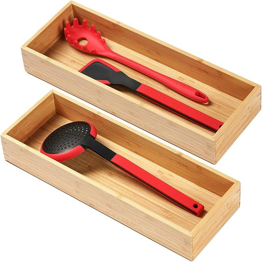 Umilife Bamboo Kitchen Utensils Organizer, Extra Long High Silverware Drawer Holder, Flatware Cutlery Storage Box, Multi-Use Drawer Divider in Office, Bathroom, Pantry - 17"x6"x2.5" (Set of 2)-Ruum Studio Home