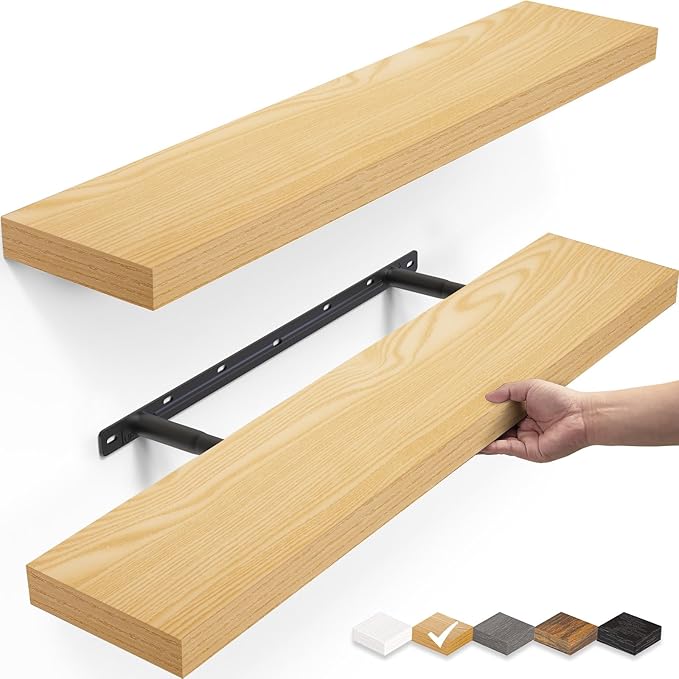BAYKA Floating Shelves, 22.5" Wall Mounted Wood Shelves for Bathroom, Bedroom, Living Room, Kitchen, Hanging Shelf for Books/Storage/Decor (Oak-Toned,Set of 2)-Ruum Studio Home