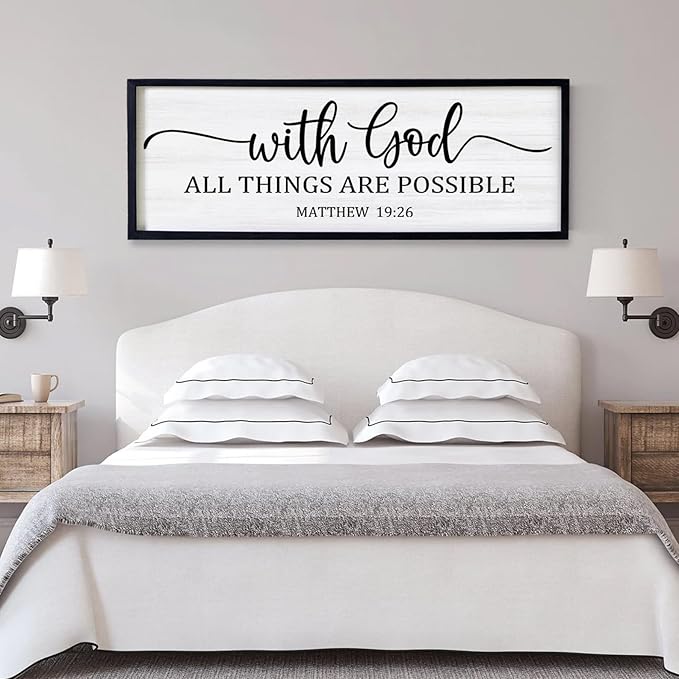 With God All Things are Possible Framed Wall Art, 40''×15'' Black Positive Religious Rustic Bible Verse for Christian God Jesus Christ Prayer, Holy Horizontal Inspirational Catholic Scripture Decor-Ruum Studio Home