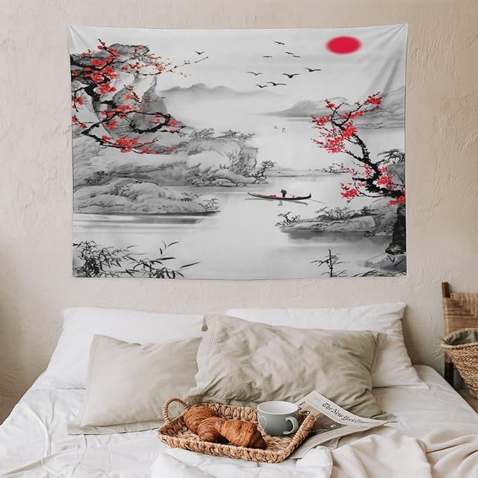 Cherry Blossoms Tapestry, Japanese Red Landscape Watercolor Abstract Art, Asian Japanese Wall Tapestry, Nature Landscape Tapestries for Bedroom Living Room Decor 40"x30"-Ruum Studio Home