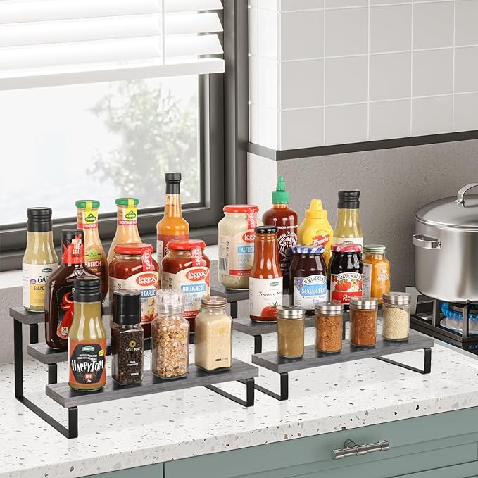 YINMIT Wooden Display Riser Stand, Tiered Perfume and Cologne Organizer Stand, 3 Tier Spice Rack Organizer, Rustic Display Shelf for Candles (3 Tier,2Pack,Grey)-Ruum Studio Home