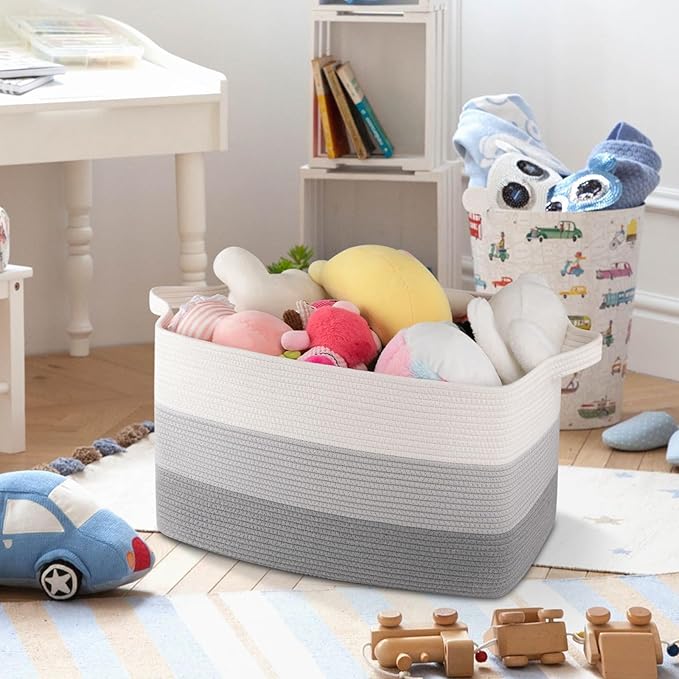OIAHOMY Rectangle Woven Storage Basket - Nursery Cotton Rope Baskets for Storage, Toy Basket Organizing for Living Room, 17.7"x13.8"x11"- Pack of 3 - Gradient Gray-Ruum Studio Home