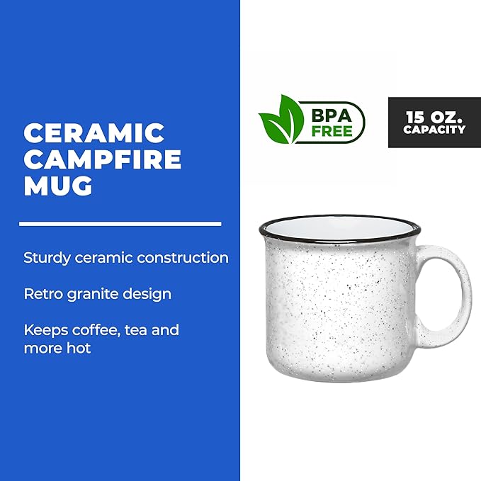 Set of 8 Ceramic Campfire Mugs – 15 Oz, White – Coffee & Tea Cups for Home, Work, Travel, Camping – Customizable, Great for DIY, Events, Companies-Ruum Studio Home
