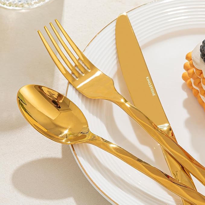 KINGSTONE Gold Silverware Set, Luxury 60 Piece Flatware Set for 12, 18/10 Stainless Steel Cutlery Set with Diamond Cut Pattern for Kitchen, Home, Wedding, Party, Mirror Polished and Dishwasher Safe-Ruum Studio Home