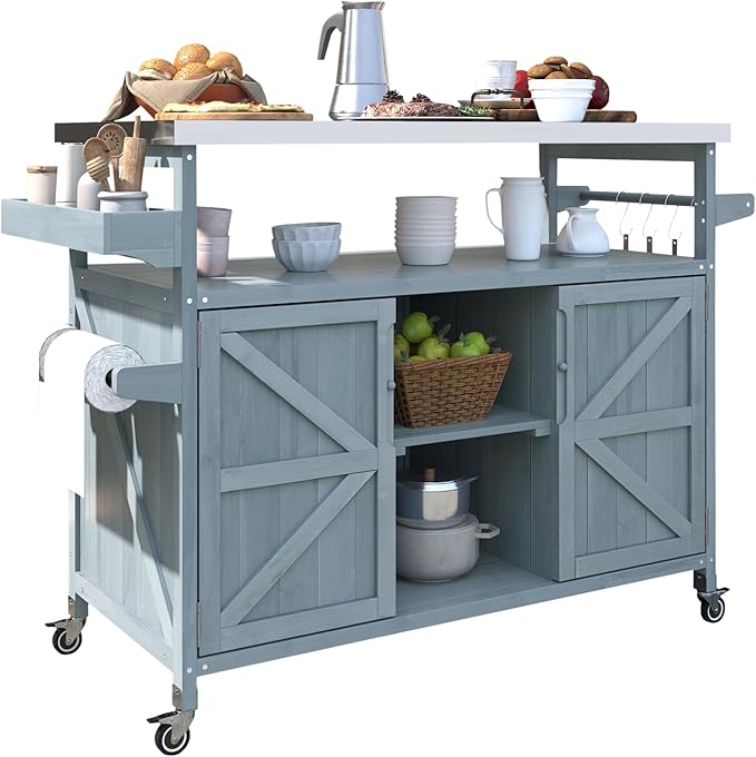 Outdoor Solid Wood Grill Table with Stainless Steel Top, Farmhouse Kitchen Island with Storage Cabinet, Outdoor Bar Cart with Internal Storage Rack, Spice & Towel Rack, Grey Blue-Ruum Studio Home