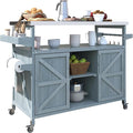 Outdoor Solid Wood Grill Table with Stainless Steel Top, Farmhouse Kitchen Island with Storage Cabinet, Outdoor Bar Cart with Internal Storage Rack, Spice & Towel Rack, Grey Blue-Ruum Studio Home