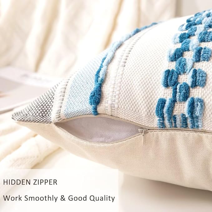 Boho Throw Pillow Covers 18x18 Set of 2 Farmhouse Decorative Cushion Case Striped Square Pillows Cover Chenille Pillow Cases Accent Neutral Pillowcase for Sofa Couch Bed,Sky Blue-Ruum Studio Home