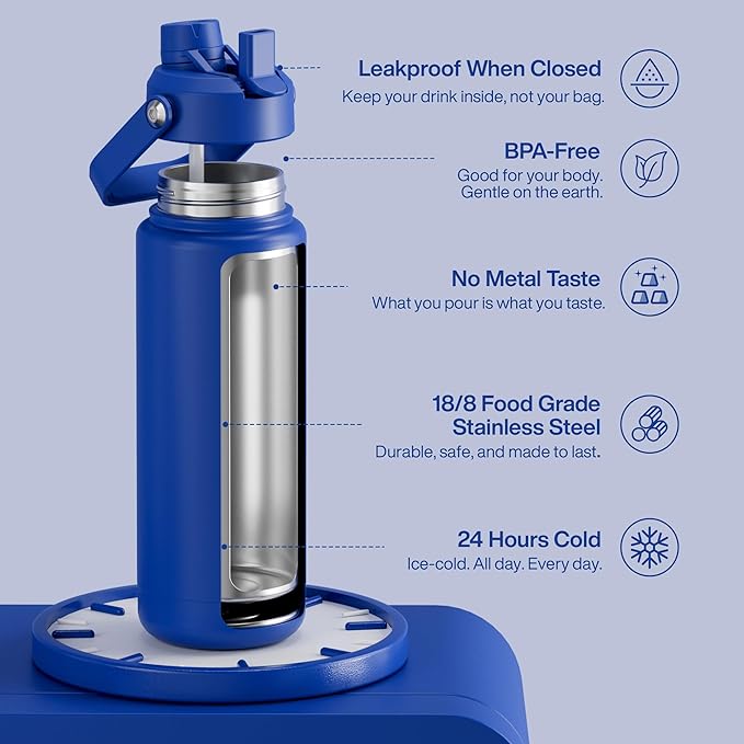 Insulated Water Bottle with Straw Stainless Steel Water Bottle, Leak-Proof, BPA-Free, Double Wall Vacuum Keeps Cold for 24 Hours for Sports, Travel, School (32 oz, Royal Blue)-Ruum Studio Home
