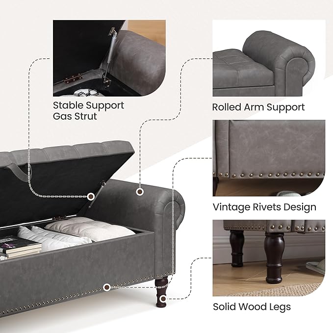 YOUDENOVAn 60”Bench with Storage, Upholstered Tufted Button Window Bench with Plenty Hidden Storage Space,Faux Leather Ottoman Bench for Bedroom, Living Room, Entryway，Grey-Ruum Studio Home