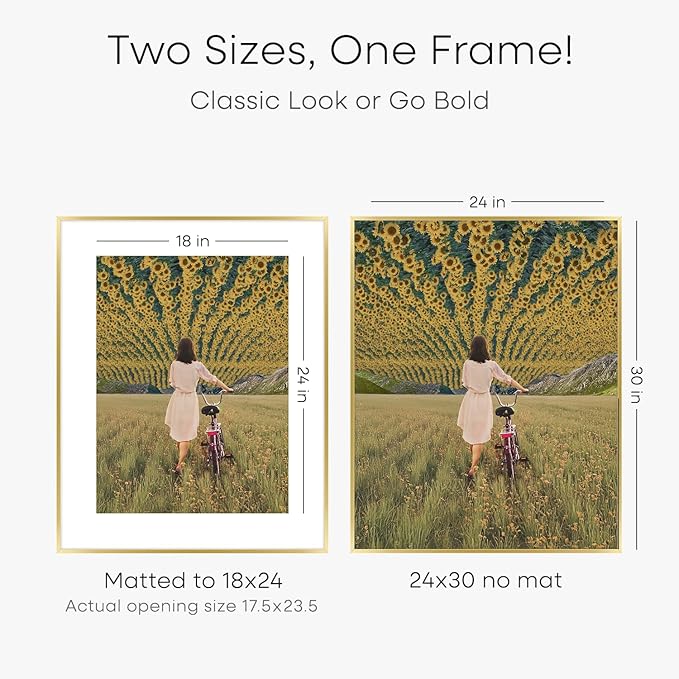 Homeforia 24x30 Picture Frame Gold, High End Metal 24 x 30 Poster Frames with 18 by 24 Mat Opening, 24x30 Gold Photo Frame Matted to 18x24 Print, 30x24 Large Frames, Tempered Glass, Wall Kit, Set of 1-Ruum Studio Home