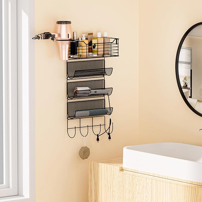VITVITI Metal Hair Tool Organizer Wall Mount, Hair Dryer Holder with 4 Tier Shelf Basket Hooks, Bathroom Hair Styling Tool Organizer for Curling Iron/Blow Dryer/Straightener, Matte Black-Ruum Studio Home