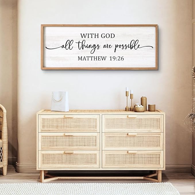 With God All Things are Possible Framed Wall Art, 40''×15'' Positive Religious Rustic Bible Verse for Christian God Jesus Christ Prayer, Vintage Horizontal Holy Inspirational Catholic Scripture Decor-Ruum Studio Home