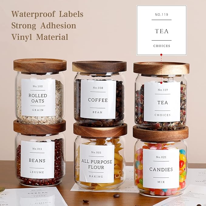 16 OZ Stackable Glass Food Storage Jars with 132 Pantry Labels Preprinted - 6 Pcs Thicken Glass Storage Containers with Airtight Acacia Lid - Clear Kitchen Canister for Spice, Tea, Coffee, Sugar-Ruum Studio Home