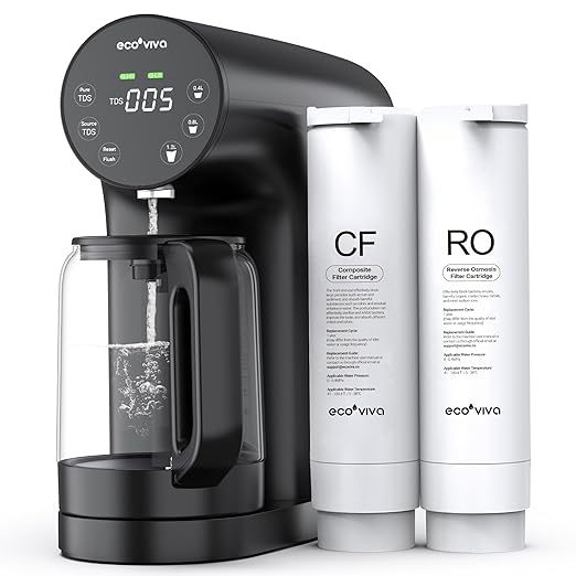 Ecoviva Countertop Reverse Osmosis System RO Water Filter, 5-Stage Filtration, Real-time TDS Monitor, 3:1 Pure to Drain, No Installation Portable Water Purifier-Black-Ruum Studio Home