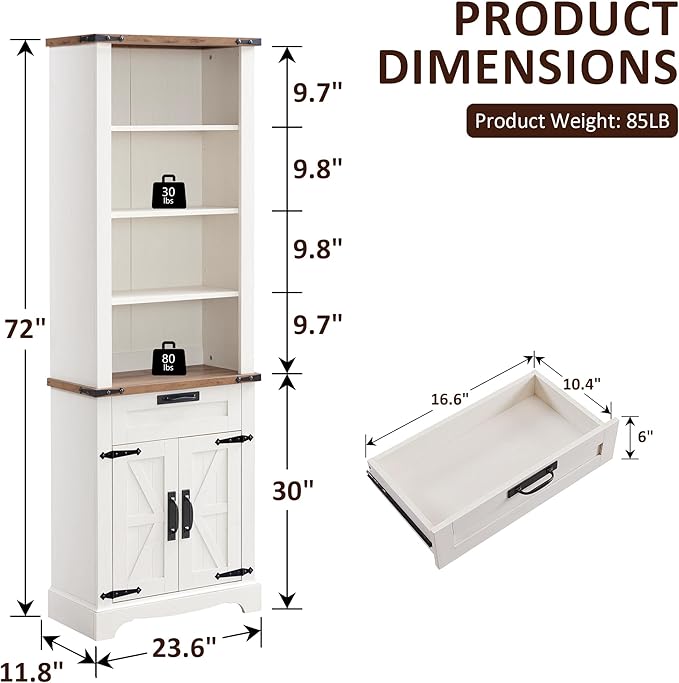 OKD 72'' Tall Bookshelf with Storage, Farmhouse 4 Tier Bookcase with Barn Door, Adjustable Shelves and Drawers, Rustic Wooden Office Bookshelves for Home Bedroom, Living Room, Library Antuique White-Ruum Studio Home