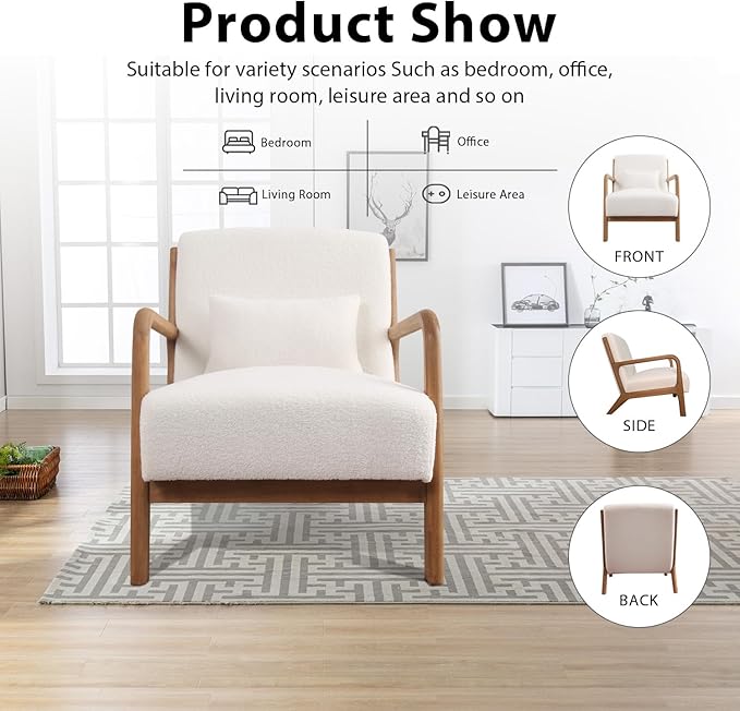 INZOY Mid Century Modern Accent Chair Set of 2, Lamb Wool Fabric Living Room Chairs with Waist Cushion, Upholstered Reading Armchair for Bedroom Sunroom-Ruum Studio Home