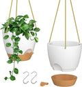 ZMTECH 10 Inch Hanging Planters for Indoor Outdoor Plants, 2 Pack Self Watering Hanging Plant Pots with Drainage Holes and Removable Saucer, Plastic Flower Hanging Pots with Watering Lip (White)-Ruum Studio Home