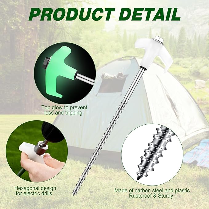Hicarer 40 Pcs 20 Pcs 8'' Screw in Tent Stakes Heavy Duty Ground Metal Stakes for Inflatables with Hex Head Driver for Outdoor Camping Tent Inflatable Garden Decor (Luminous White)-Ruum Studio Home