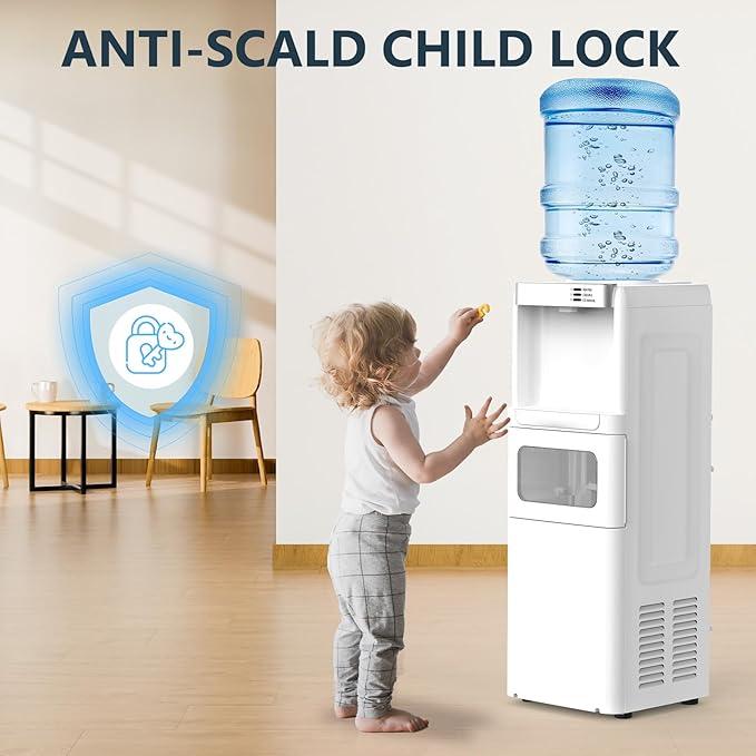 COWSAR 3-in-1 Water Cooler with Ice Maker, Hot & Cold Top Loading, Water Dispenser for 5 Gallon Bottle, 33LBS/24H Ice Maker with Child Safety Lock, White-Ruum Studio Home