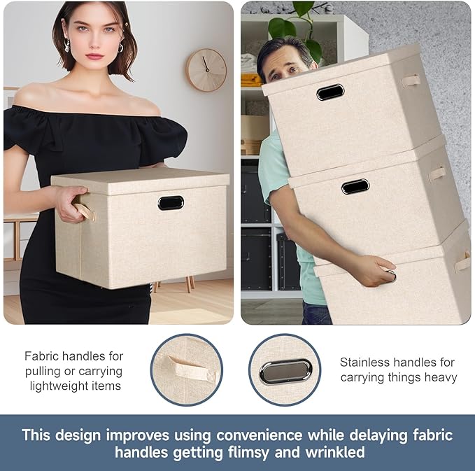 Large 17" 36 Quart Collapsible Stackable Storage Bins with Lids, 3 Packs Light Orange Linen Fabric Closet Boxes with Lids, Storage Cube Baskets Container Organizers for Office (17x12x11)-Ruum Studio Home