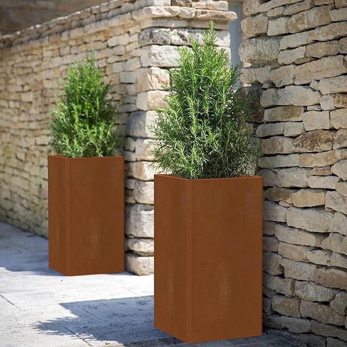Modern Cor Ten Steel Planter – 28” Tall Planters with Removable Insert Shelf | Heavy-Duty Rust-Resistant Metal Planter Box for Patio, Porch & Garden (14x14x28in)-Ruum Studio Home
