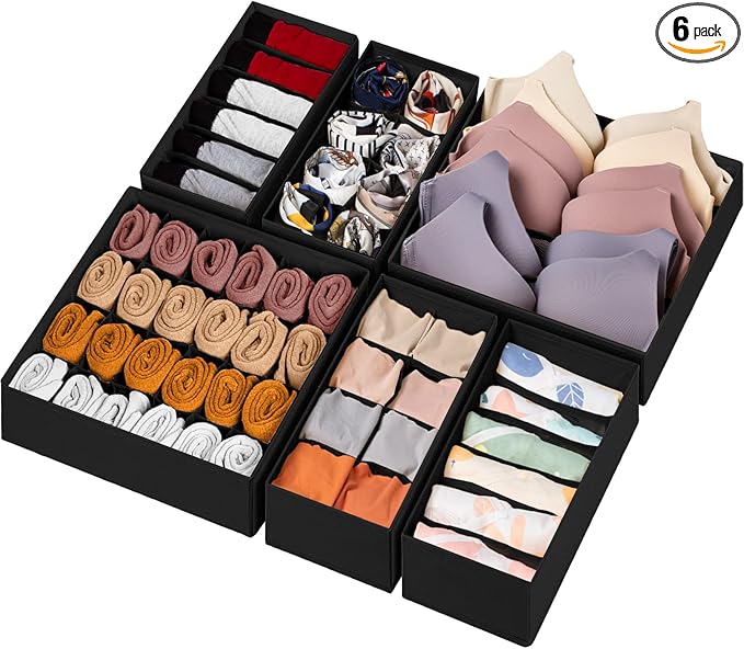 6 Pack Sock Underwear Drawer Organizer Dividers, 58 Cell Foldable Fabric Dresser Closet Organizers and Storage Bins for Clothing, Baby Clothes, Bra, Panty, Scarf, Ties (Black)-Ruum Studio Home