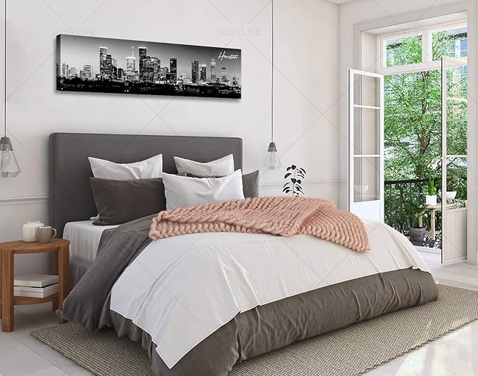 DJSYLIFE Houston Skyline Canvas Wall Art Decor Black & White City Pictures Painting Texas Cityscape Photo Print Artwork for Office Bedroom Living Room Walls Decoration Ready to Hang 13.8"x47.3"-Ruum Studio Home
