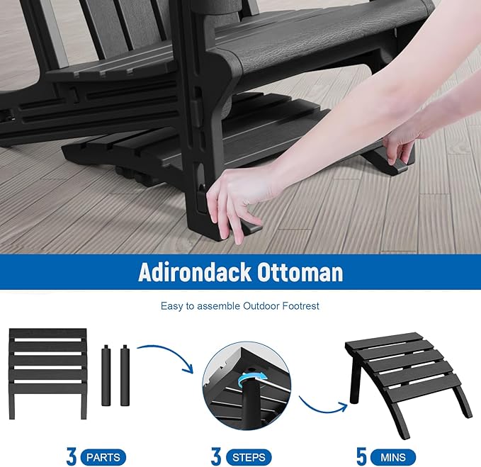 Adirondack Ottoman, HDPE Plastic Adirondack Footstool, All Weather Foot Rest for Adirondack Chair, Outdoor Footrest for Patio,Backyard, Lawn, Fire Pits, Black-Ruum Studio Home