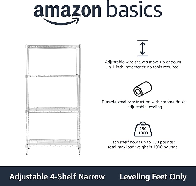 Amazon Basics 4-Shelf Adjustable, Storage Shelving Unit, (200 Pound Loading Capacity per Shelf), Steel Organizer Wire Rack, 13.4"D x 23.2"W x 48"H, Chrome-Ruum Studio Home