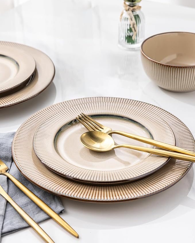 GBHOME Ceramic Dinnerware Sets, 18 Piece Embossed Elegant Stoneware Plates and Bowls Sets, Housewarming Wedding Gift | Dishwasher & Microwave Safe | Dishes Set Service for 8-Ruum Studio Home
