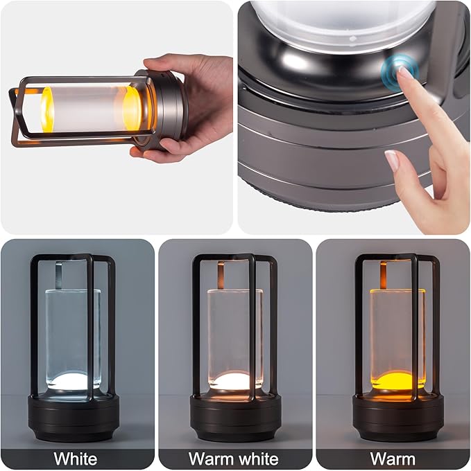 Portable Metal Table Lamp for Indoor/Outdoor ,Rechargeable Cordless LED Lamp, 3-Colour Infinitely Dimming Battery Powered Small Desk Lamp, Restaurant/Bedroom/Bar/Coffee Shop/Camping Light (Grey)-Ruum Studio Home