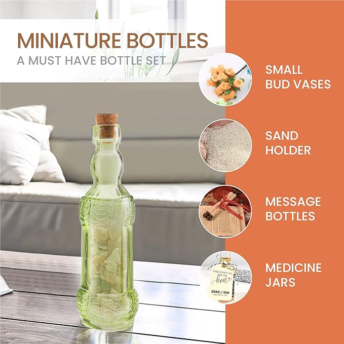 Small Mini Green Vintage Glass Bottles with Corks, Mini Vases, Decorative, Potion, Assorted Design Set of 12 pcs, 4.6 Inch Tall (11.43cm), 1.4 Inch Wide (3.56cm)-Ruum Studio Home