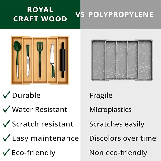 ROYAL CRAFT WOOD Luxury Bamboo Kitchen Drawer Organizer - Silverware Organizer - Utensil Holder and Cutlery Tray with Grooved Drawer Dividers for Flatware and Kitchen Utensils (5 Slot, Natural)-Ruum Studio Home