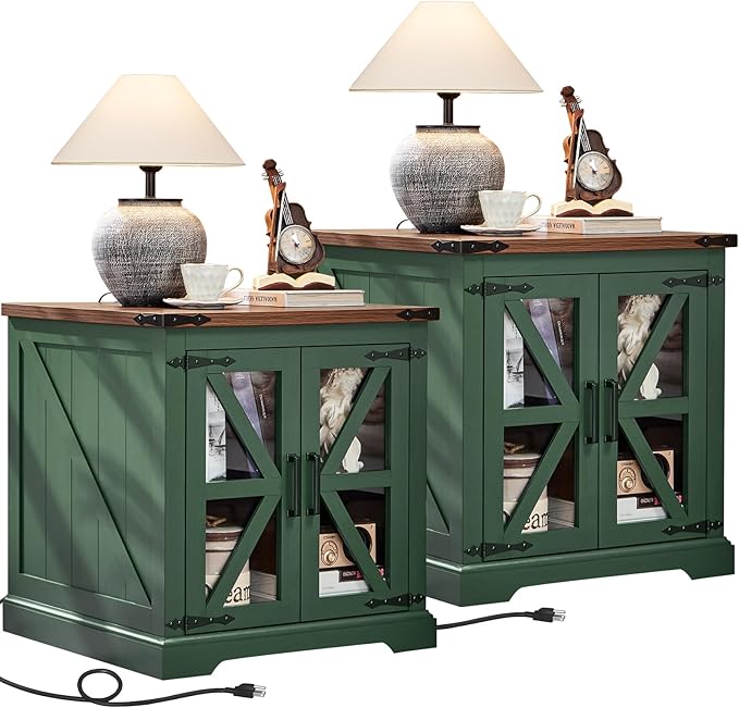 24" End Table Set of 2 with Charging Station, Farmhouse Night Stand with Glass Barn Door, Nightstands with Adjustable Storage Shelf, Large Wood Square Bed Side Table for Living Room, Bedroom-Ruum Studio Home