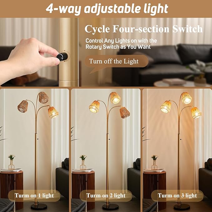 Gold Rattan Floor Lamp for Living Room, 72 Inch Tall Boho Floor Lamp with Rotary Switch, 3 Lights Arc Lamp with Wicker Shade for Coastal,Bohemian,Modern,Tree Farmhouse Standing Lamp-Ruum Studio Home