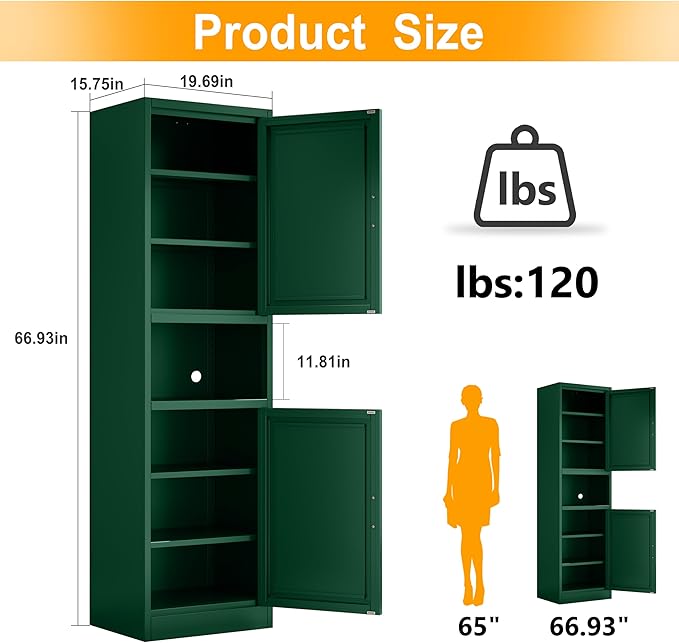Tall Narrow Storage Cabinet 66.93" H Tall Bathroom Cabinet Metal Pantry Cabinets, 4 Adjustable Shelves for Kitchen, Home Office, Living Room, Dinning Room (20 inches Wide Green)-Ruum Studio Home