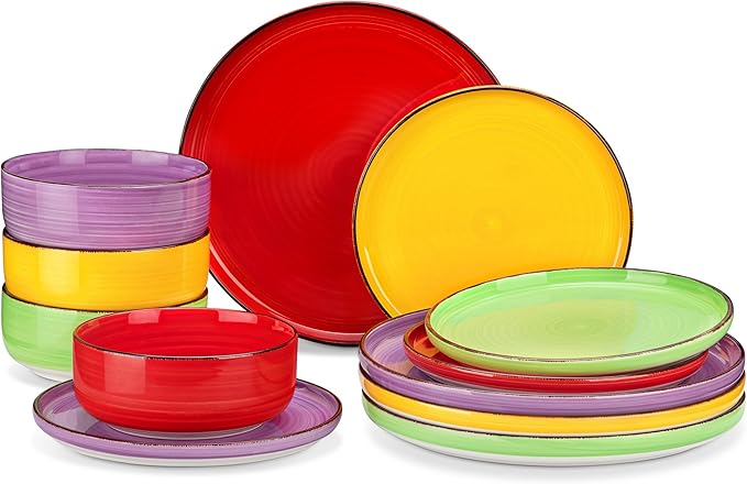 vancasso Bonita Stoneware Dinnerware Sets, 12 Pieces Dishes Set，Polished Round Plates and Bowls Set for 4, Dishwasher and Microwave Safe, Multicolor-Ruum Studio Home