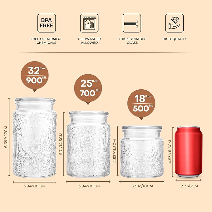 32oz Vintage Glass Jar With Lid, Glass Storage Containers, Airtight Kitchen Storage Containers For Sugar, Coffee, Tea, Spice, Flour, Candy Cookie, Pasta, Cereal, Cute Decorative Jars-Ruum Studio Home