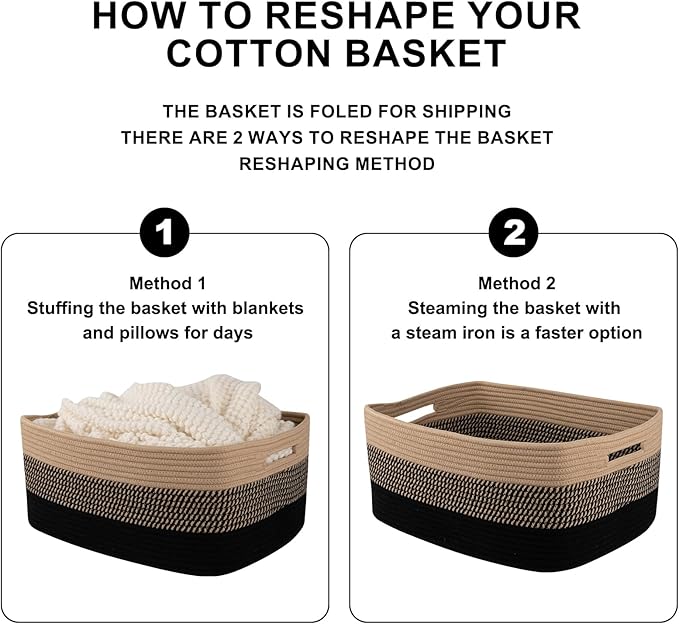 Large Storage Basket for Organizing, Woven Rope Basket for Shelves, Closet Organizer Bins for Clothes, Blanket, Toys, Baby Nursery Storage, 17.7" x 13" x 7.87", 2 Packs Black & Brown-Ruum Studio Home