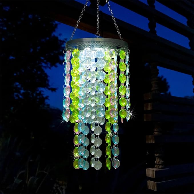 Hanging Solar Lantern Outdoor, 2 Tiers 21” Solar Multicolor Acrylic Beaded Chandelier with Cool White LED S Hooks for Garden Yard Patio Gazebo Outside Decor-Ruum Studio Home
